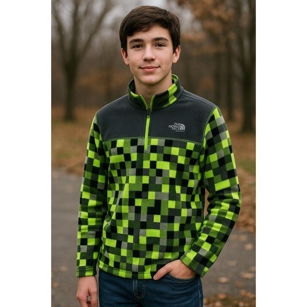 North Face Kids XL Fleece Pullover Neon Green Pixel Print